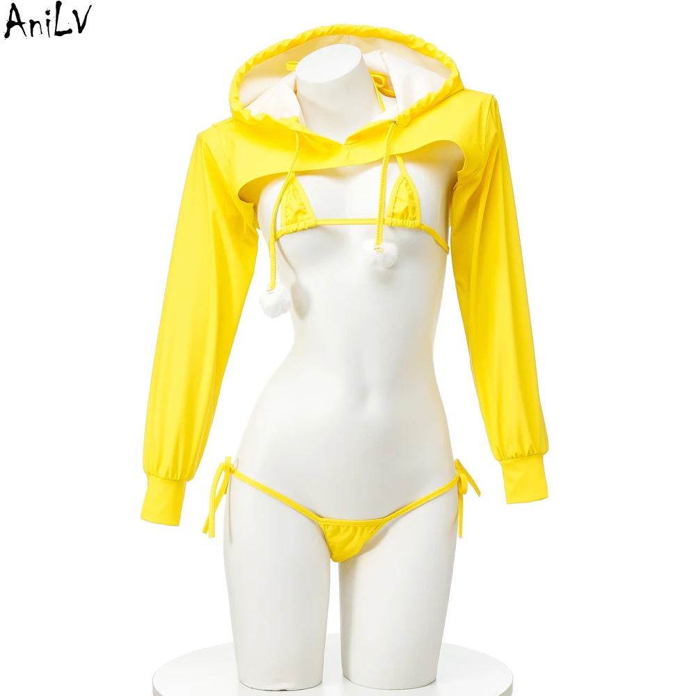 AniLV Japanese Anime Girl Yellow Leather Hooded Top Bikini Set Cosplay Student Uniform Costume