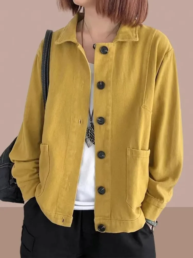 Elegant  Color Pure Cotton Long Sleeve Shirt Jacket Women's Spring Autumn Loose Anti-Aging Versatile Turn-down Collar Ja...