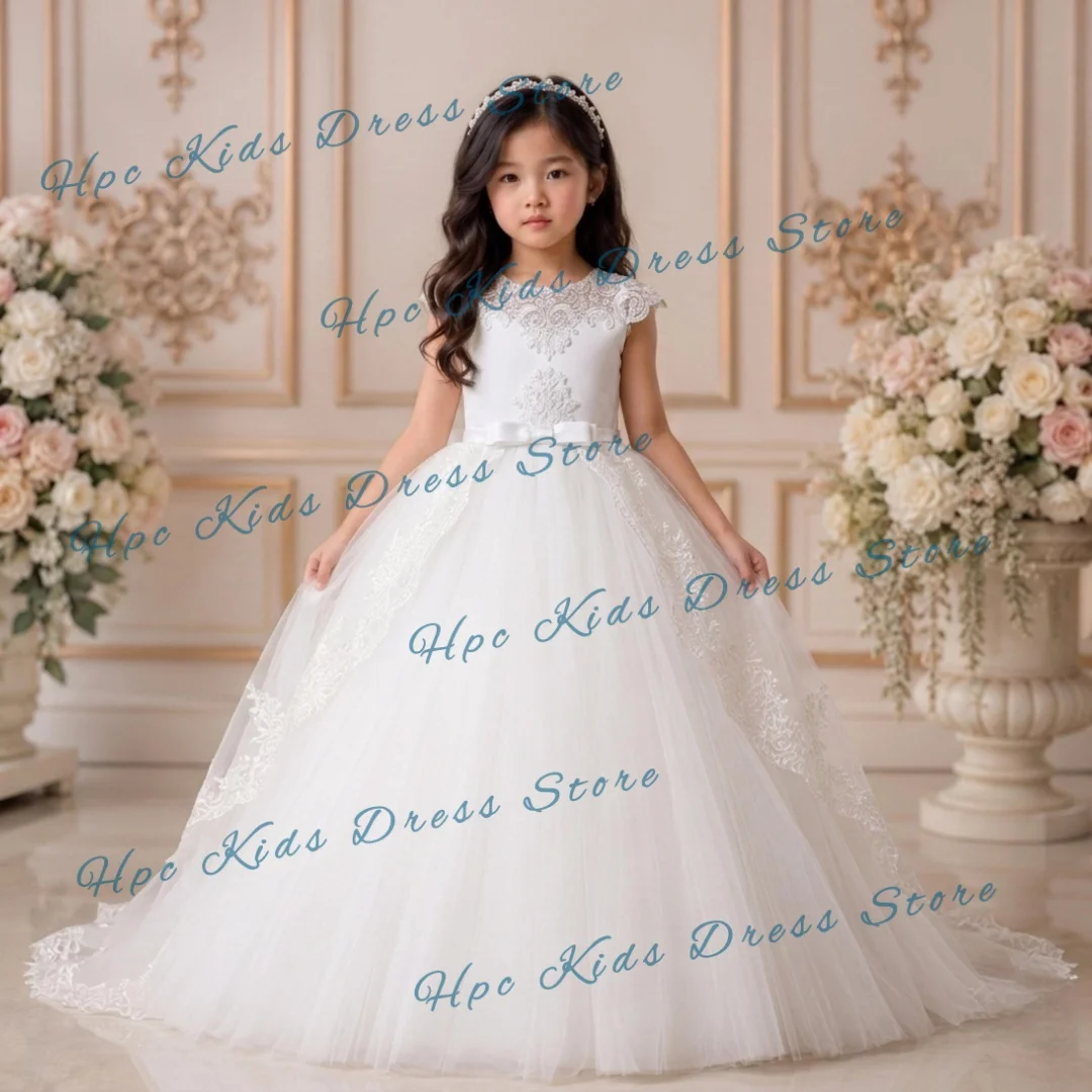 Custom White Lace & Tulle Flower Girl Dress, Sleeveless with Floral Appliques for Wedding Birthday Party Kids Formal Wear
