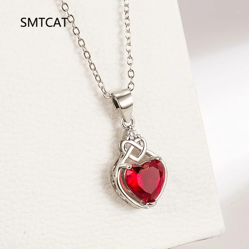 Heart Knot Created Red Ruby Natural Garnet 925 Sterling Silver Pendant Necklace for Women Gemstone Jewelry Choker de Prata view 3