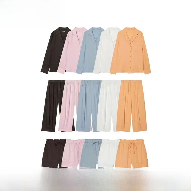 Spring Summer New Women's Mixed Fiber Shirt Bucket Pants 5344010 4344045 Pocket Decorated ZR Style Fashion Set Three Pieces