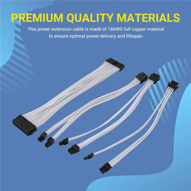 9-Inch Braided Extension Cable Kit Basic Extension Cable For PC Case Comb Included ATX 24 Pin PCIE 6+2Pin CPU 4+4Pin White