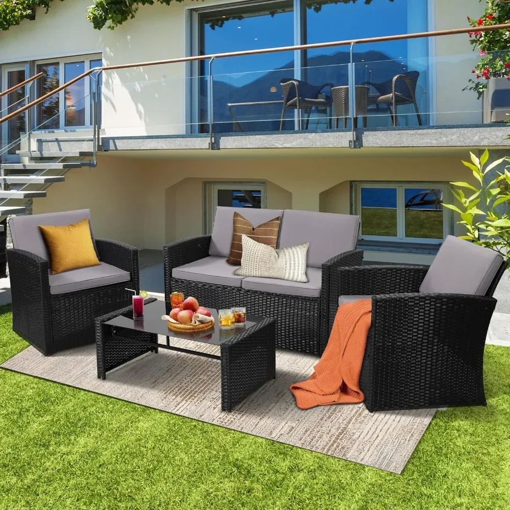 4Pieces Patio Conversation Set,Outside Rattan Sectional Sofa,Cushioned Set,Sofa Ideal  Black Color Rattan and Light Grey Cushion