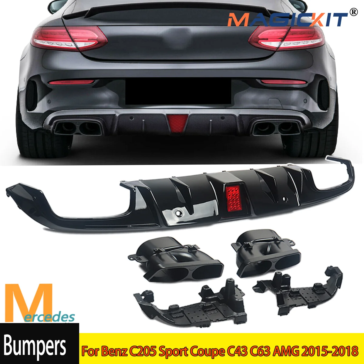 MagicKit Rear Diffuser Quad Mufflers For Benz C205 Sport Coupe C43 C63 AMG 2015-2018