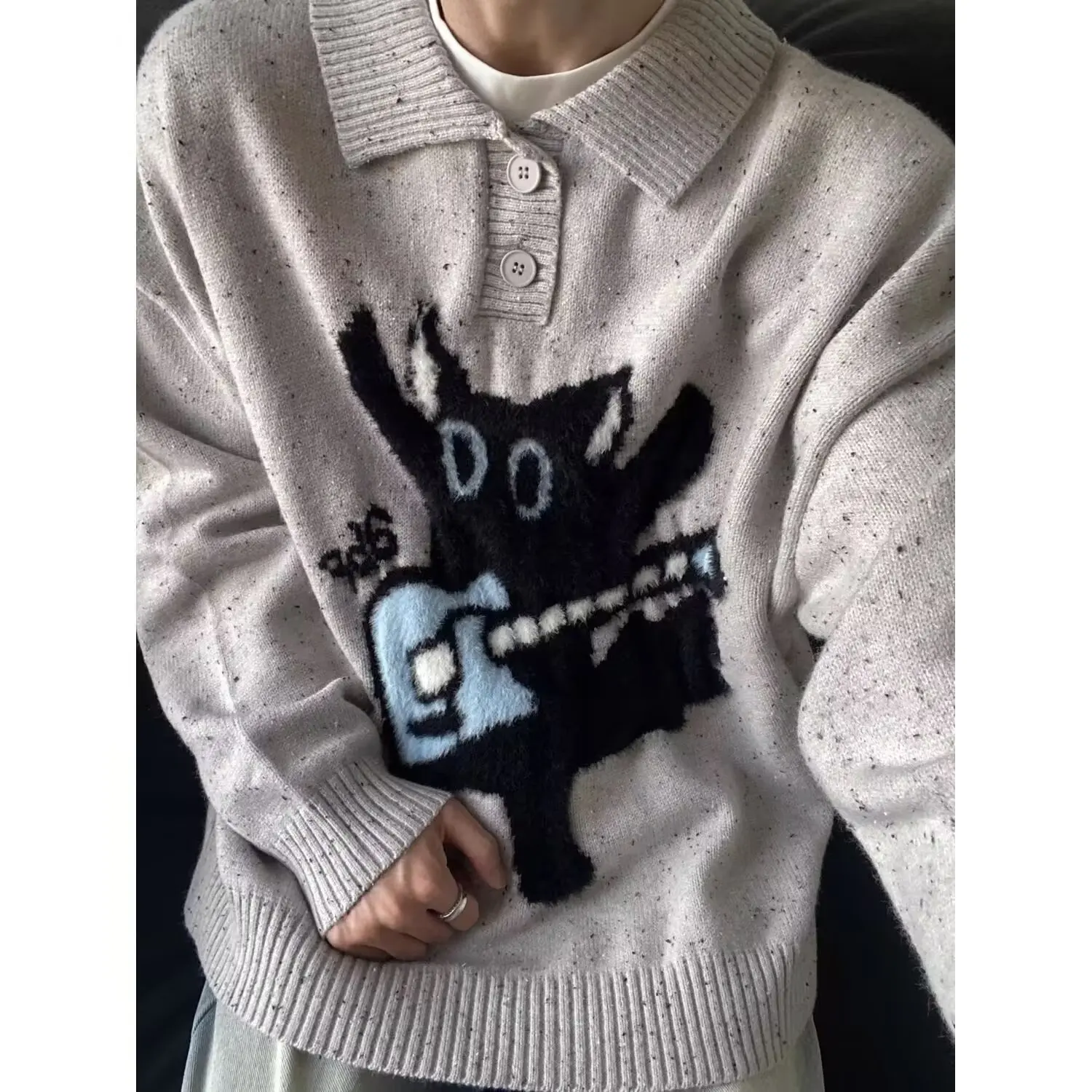 

Loose Women's Knitted Wool Sweater Autumn New Sle Lazy Sle Turn-down Collar Couple Model Trendy Brand Versatile Base irt