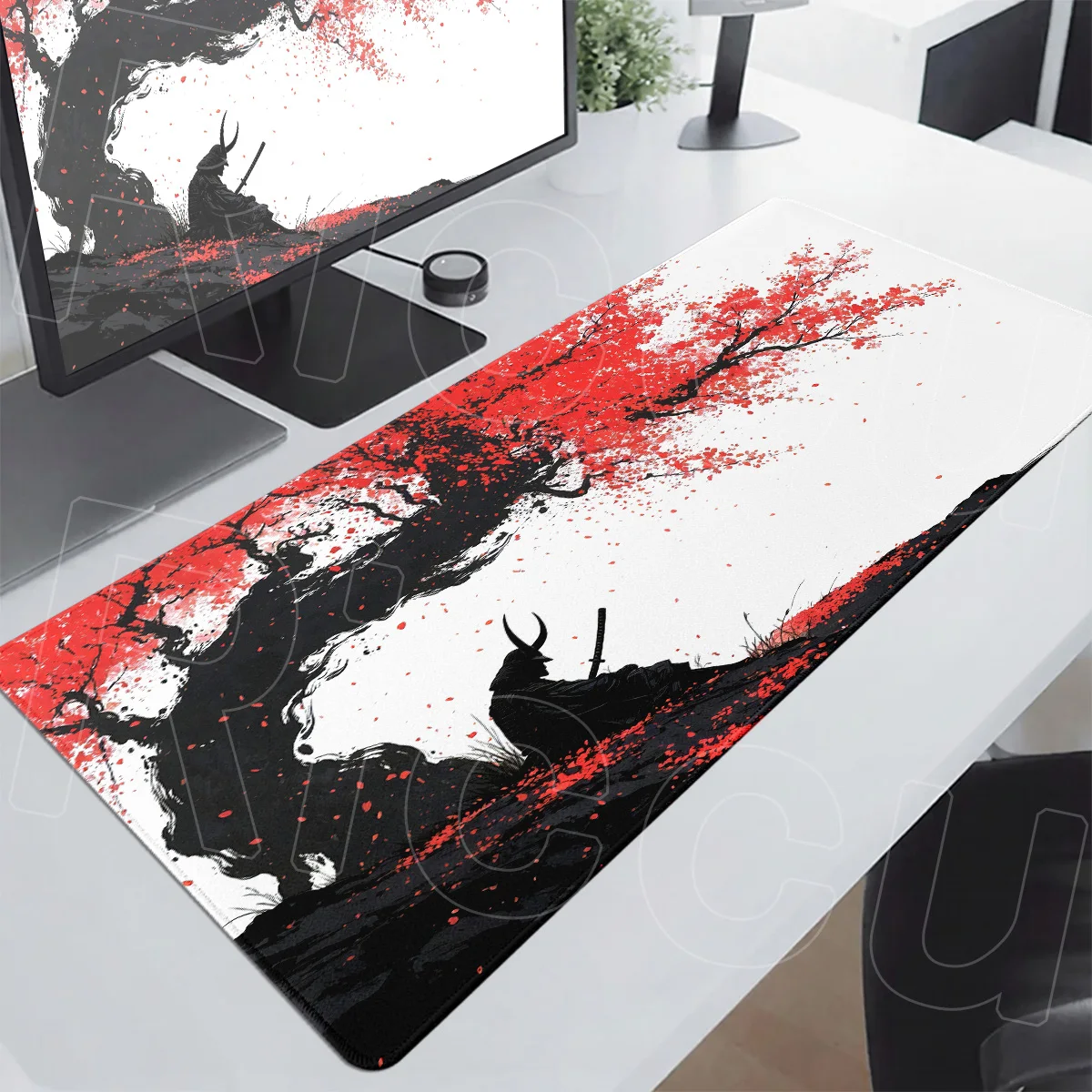 Samurai-Krieger unter dem blauen Sakura-Baum Mauspad 90x40cm Gamer Tastatur-Mausmatte Laptops Büro Lange Schreibtischunterlage mit umrandeter Kante – Detail 3