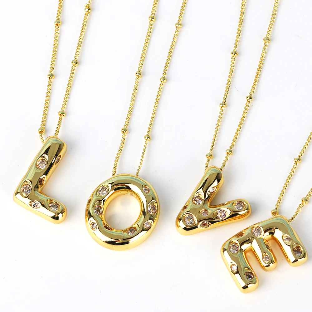 Zircon Chunky Alphabet Balloon Letter Pendant Necklace A-Z Name Bubble Necklace for Family Women Men Fashion Jewelry Gifts