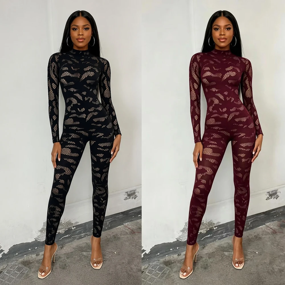 Damen-Jumpsuit aus transparenter Spitze, langärmelig, figurbetont, einteiliges Outfit, abstraktes, durchsichtiges, enganliegendes Jumpsuit für Party, Nachtclub und Clubwear. – Detail 1