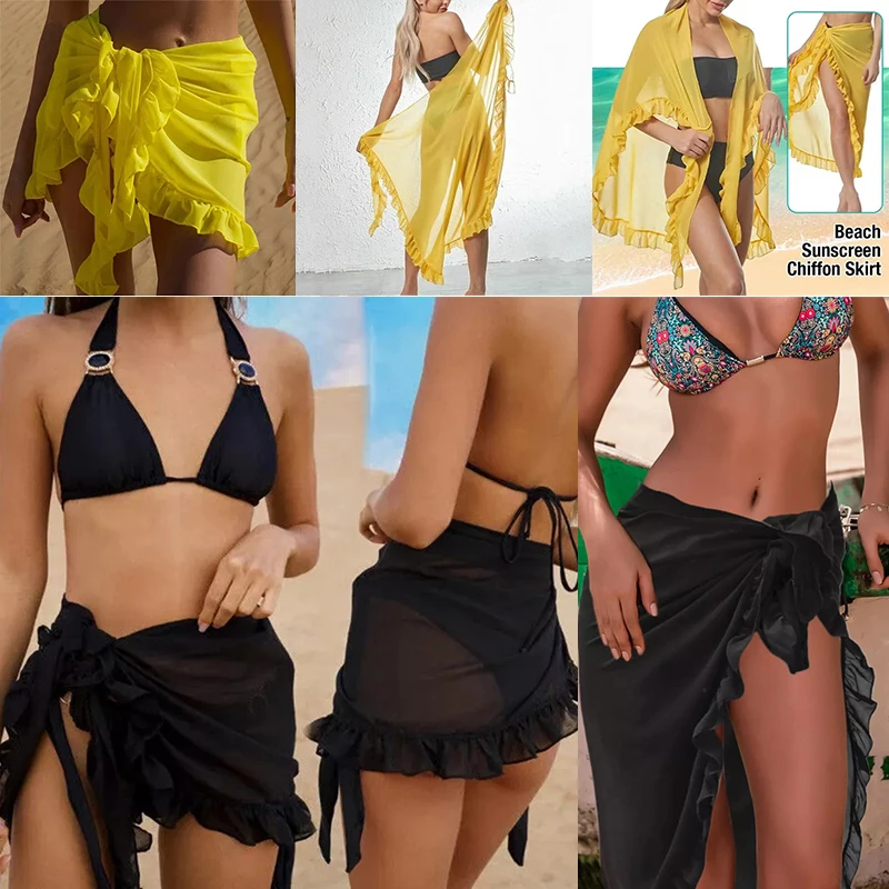 MultiColors Summer Women Short/long Sarong Ruffle Swimsuit Coverup Beach See-Through Bikini Wrap Sheer Skirt Chiffon Skirt Scarf