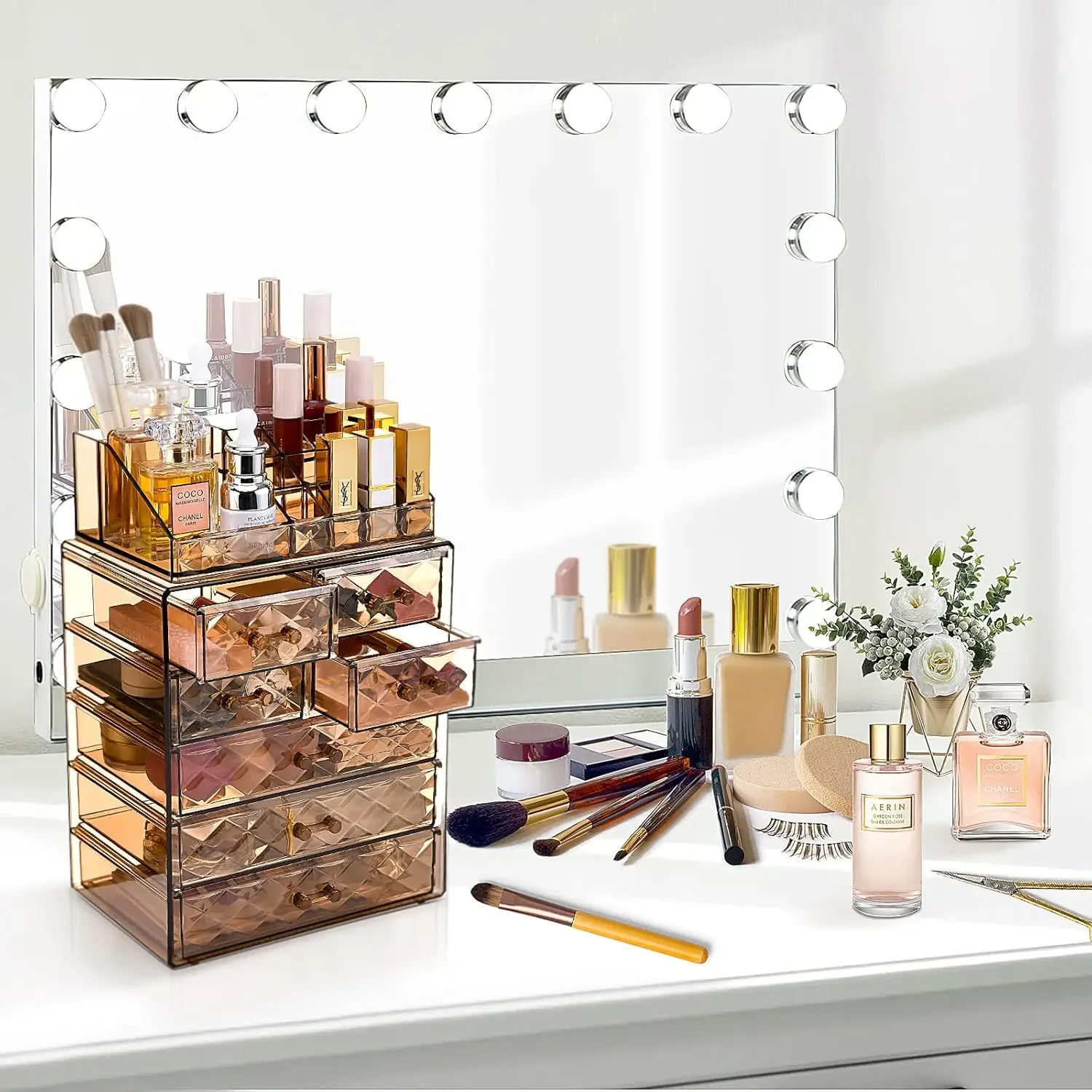 Clear Makeup Organizer with Brush Holder, Large Acrylic Cosmetic Display Jewelry & Make Up Organizers