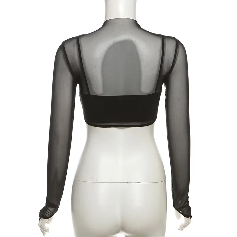 Hollow Out T Shirts For Women Mini 2 Pcs Set Rave Outfits Mesh Crop Top Skinny Camisole Ropa De Mujer See Through Y2k Clothes