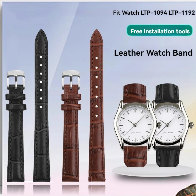 For Casio LTP-1094 LTP-1095 LTP-1192 Strap Women's Cowhide Watch Bands Bracelet 12mm Calfskin Watchband Black Brown Red White