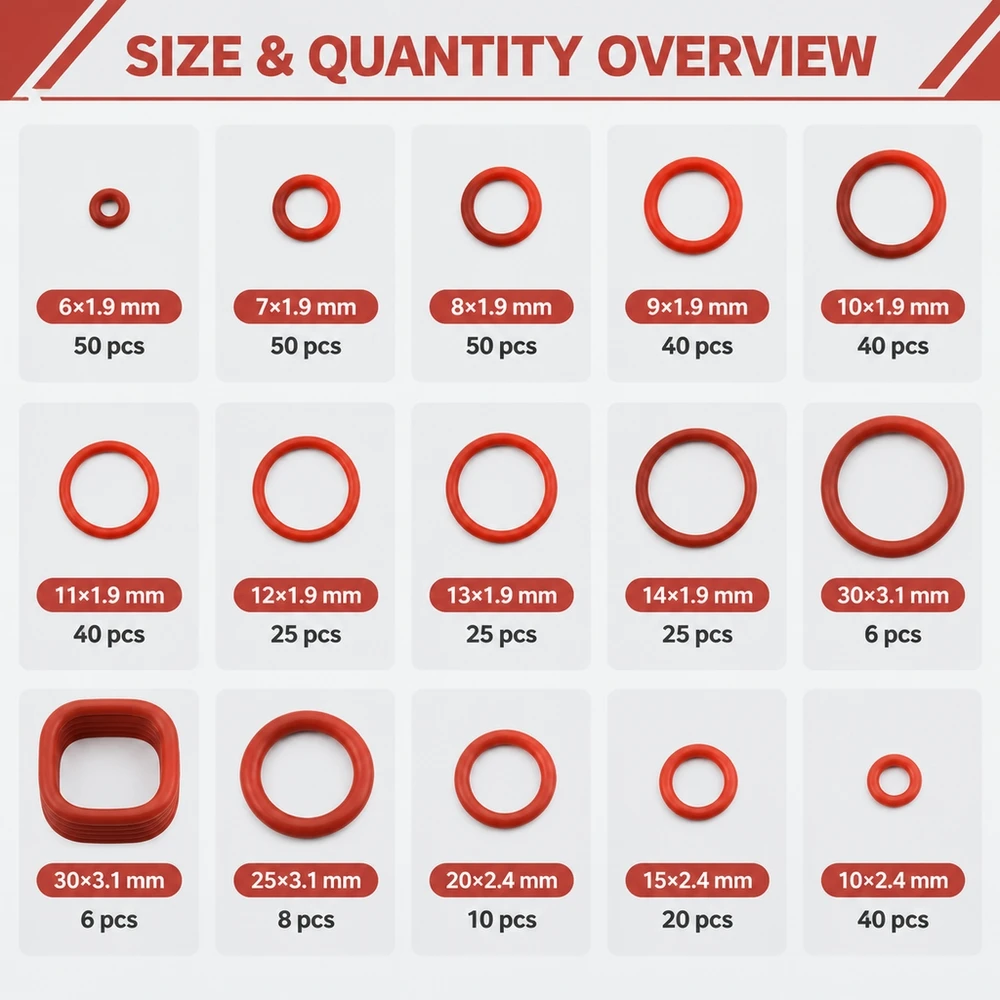 351pc Molded Silicone O-Ring Box High Temp Oil Resistant Wear Proof Sealing Rings for Car Maintenance