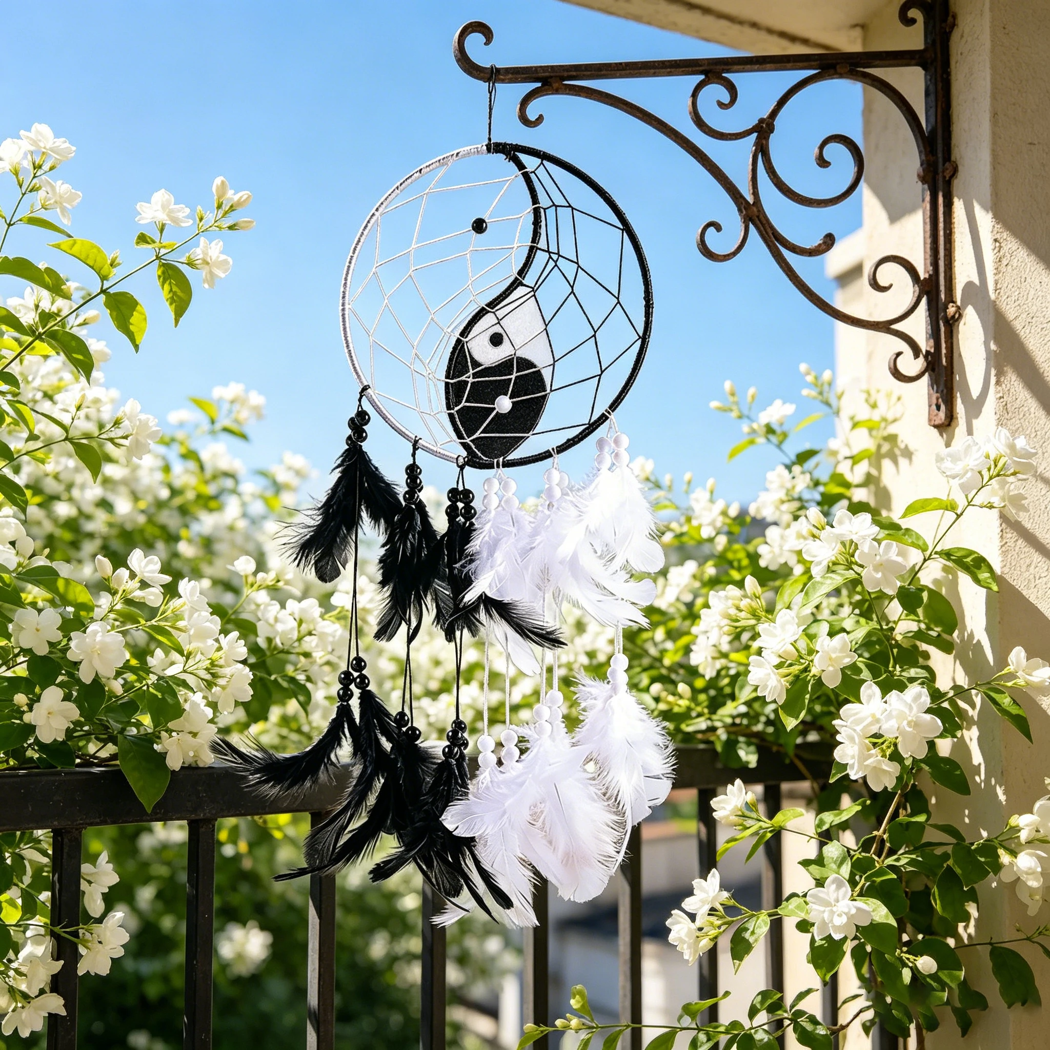 

Yin Yang Tai Chi Dream Catcher Black White Feather Wall Hanging Home Decor Chinese Style Ornament Gift for Bedroom Living Room