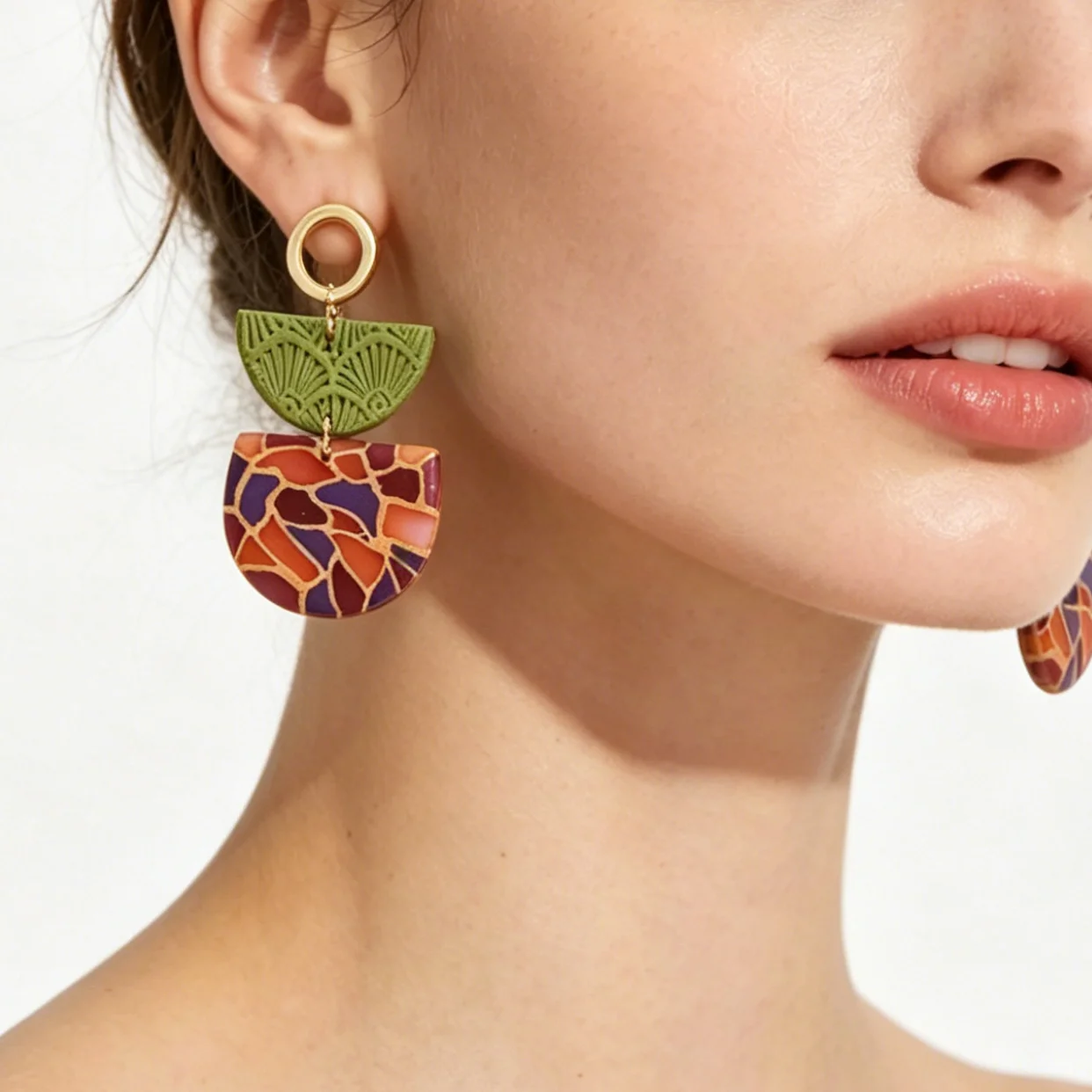 Boho Geometric Polymer Clay Earrings Lightweight Handmade Women's Half Moon Round Mosaic Checker Sage Green Terracotta Dangle