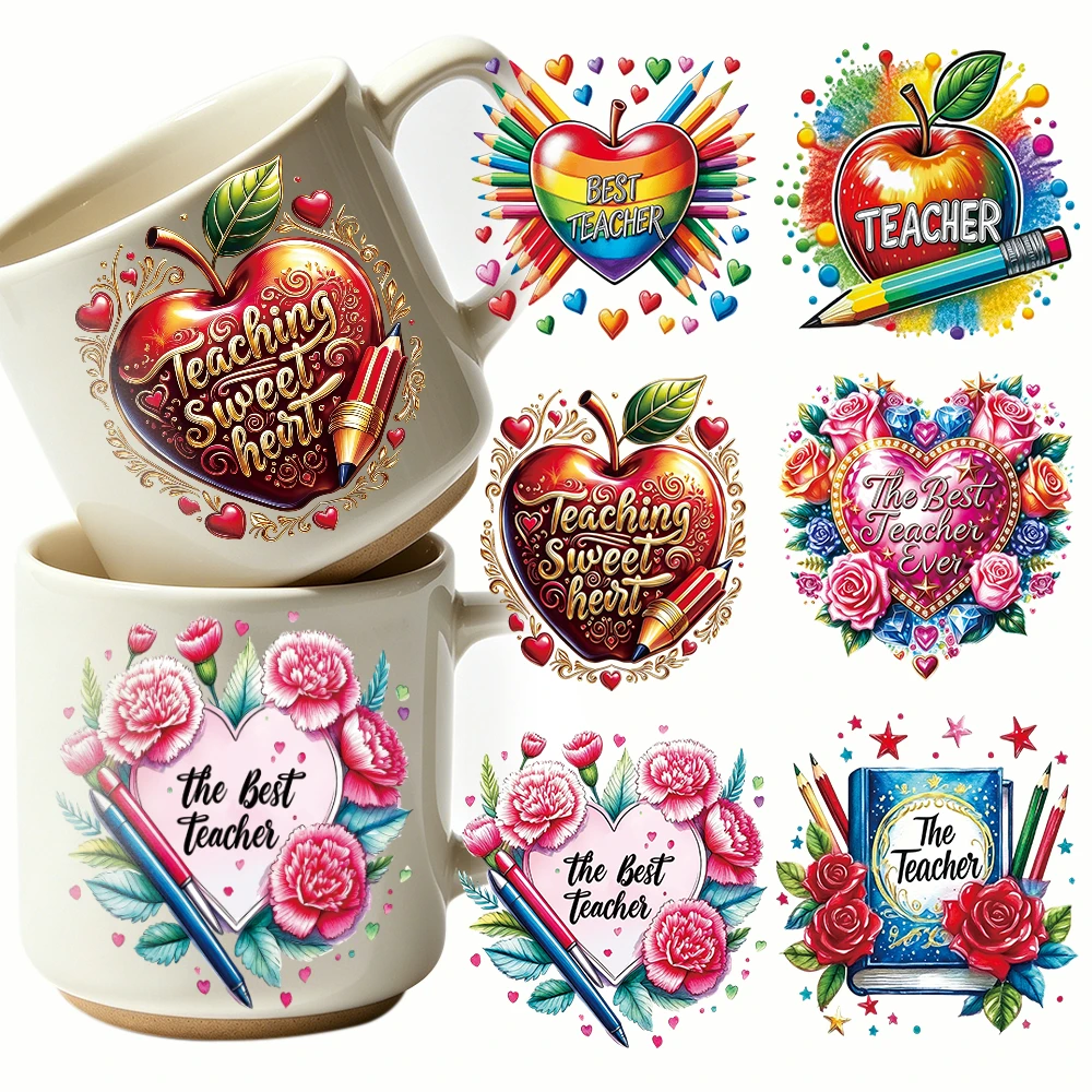 6pcs Teacher's Day Flower Text UV DTF Transfer Stickers Pencil Book Best Teacher Transfer Sticker For DIY Mug Bottle Decoration