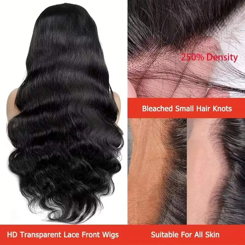 Pelucas de cabello humano con encaje Frontal transparente para mujer, cabello Remy brasileño, peluca ondulada de cuerpo de 200% de densidad con encaje Frontal grande 13x4