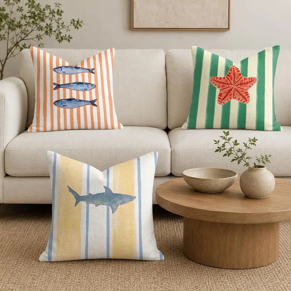 Ocean Life Theme Striped Cushion Cover Organic Linen Throw Pillow Cover - Double-Sided Print Breathable Cushion Case Home Decor