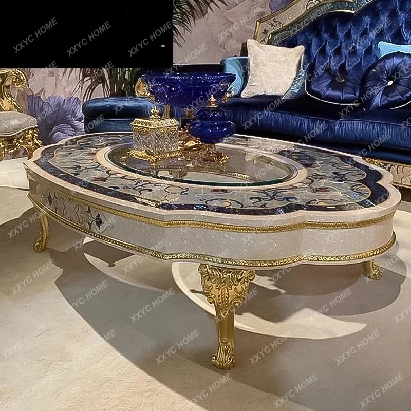 Y French court color parquet oval tea table simple solid wood carving flower coffee table villa living room home