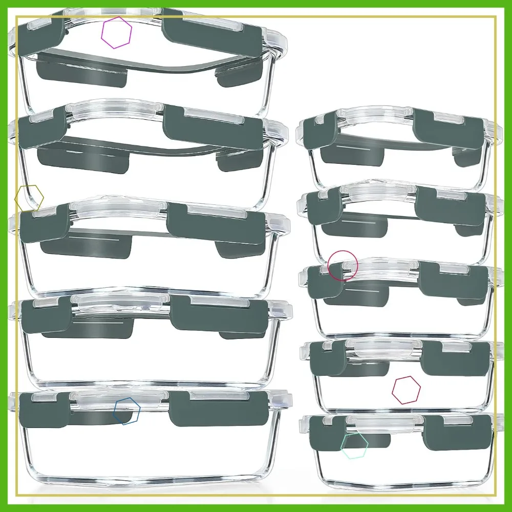 

10-Pack Airtight Glass Meal Prep Containers, Stackable for Microwave, Oven, Freezer & Dishwasher, Grey