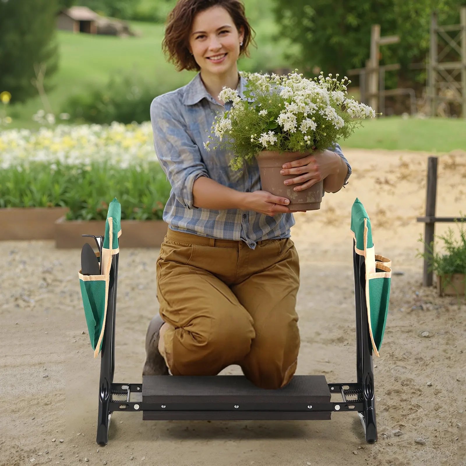 

Садовый стул-подставка для колен, 8 дюймов в ширину, сверхпрочная складная садовая скамейка с 2 сумками для инструментов, Reli