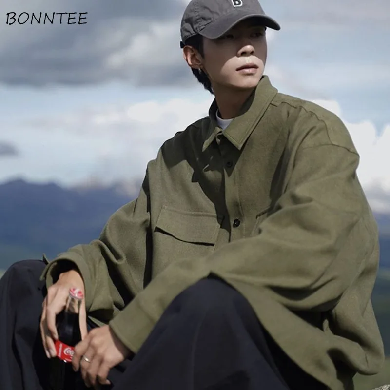 

Japanese Jackets Men M-8XL Loose Vintage Multi-pockets Cargo Coat Handsome Streetwear All-match Simple Long Sleeve Casual Hombre