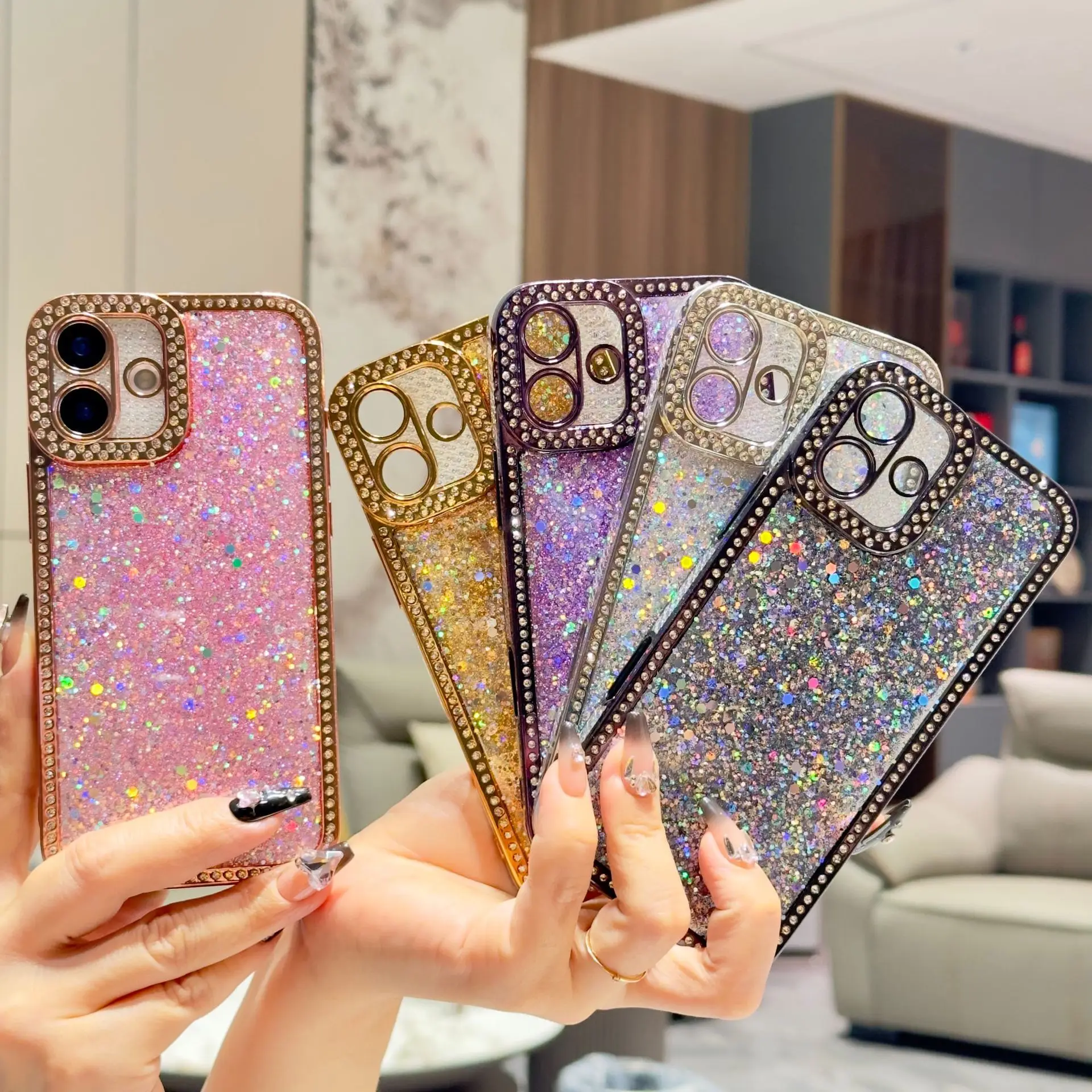 

For iPhone 15 14 13 Pro Max Luxury Glitter Diamond Plating Case Bling Rhinestone Soft Shockproof Phone Cover
