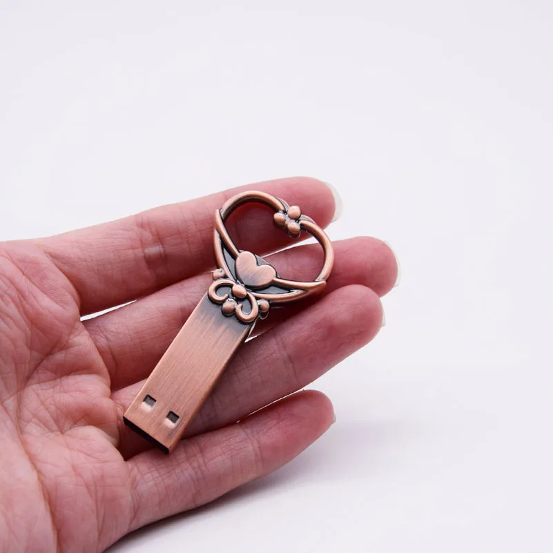 copper love heart shaped key usb flash drive pendrive pen drive 4gb 8GB 16gb 32gb 64GB metal keys memory Stick wedding gift