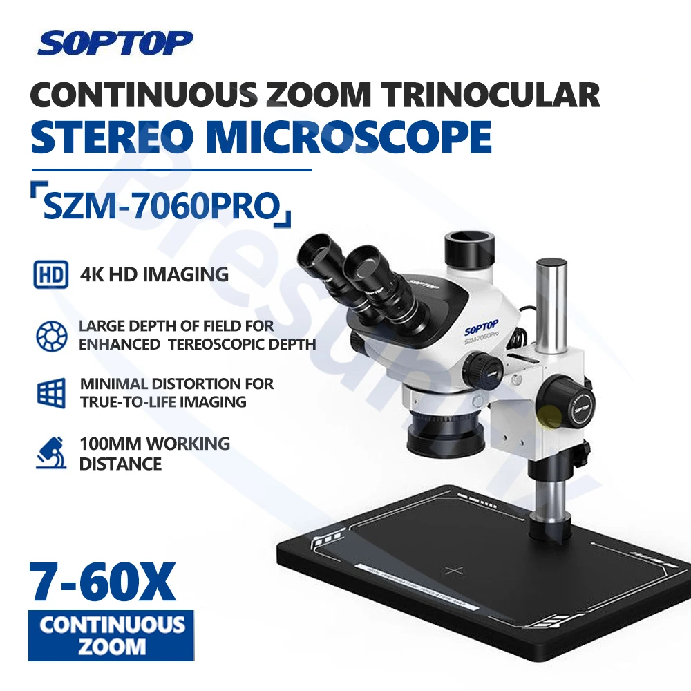 SOPTOP SZM-7060 PRO Continuous Zoom Trinocular Stereo Microscope 7-60X 4K HD 100mm Working Distance for Microscope Repair Tools