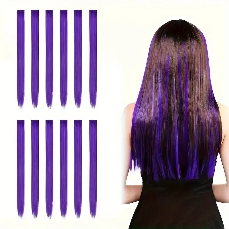 

12 Pcs Colored Hair Extensions: Straight Hairpiece, Multi-Color Party Highlights, Clip-in Synthetic Hair Extensions for Women