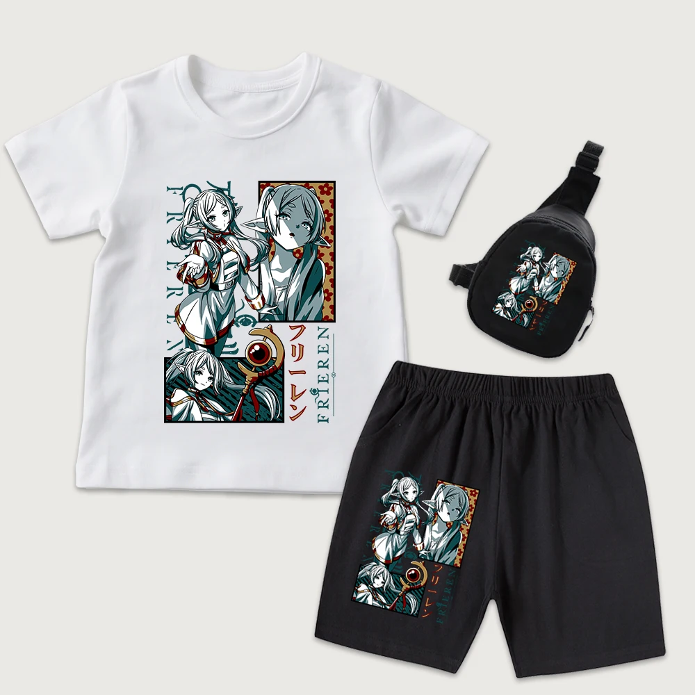 Frieren Beyond Journeys End Frieren Anime Print Kids Cotton T Shirt Shorts Mini Chest Bag 3 Piece Set Boys Girls Summer Outfit