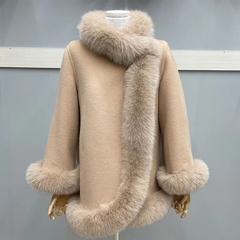 2024 Fashion Natural Winter Fur Coat Real Fox Fur Collar Cashmere Wool Woolen Women Jacket Luxury Outwear New Ladies Female Coat