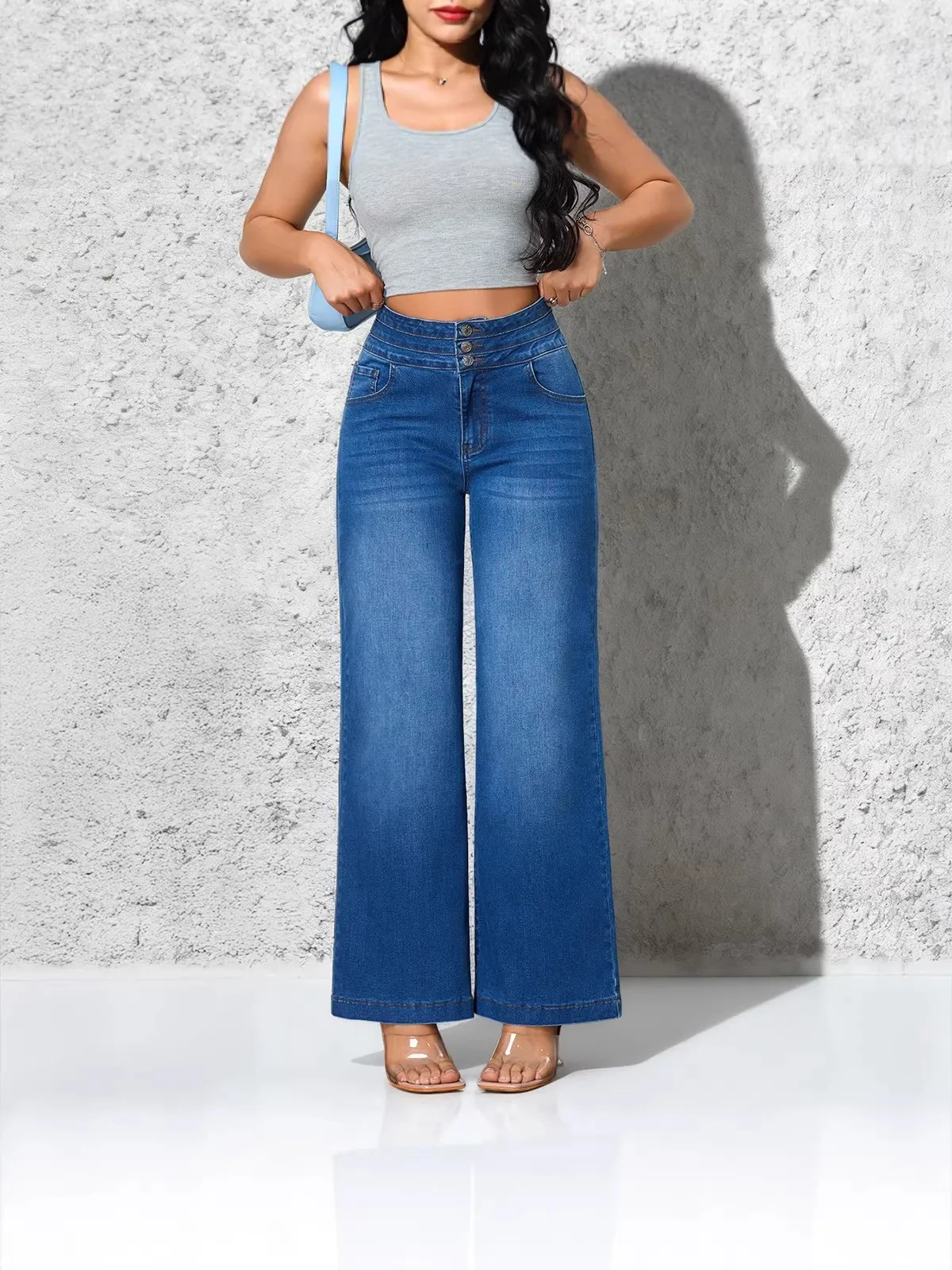 

Summer Women's Clothing Slimming High Waist Casual Wear Wide Leg Jeans For Woman Stretch Denim Straight Cut Full Length Pants