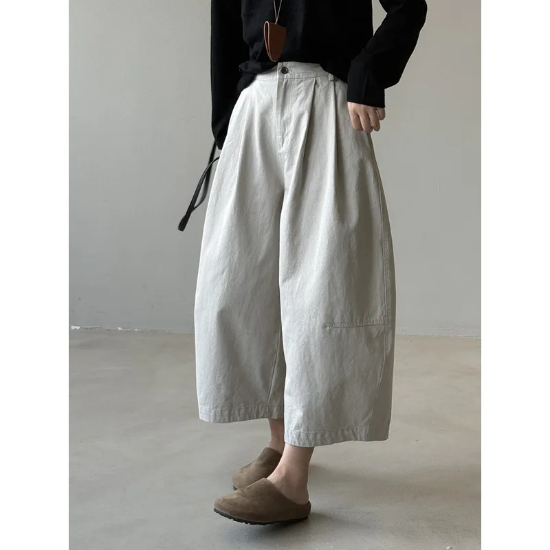 QICHE Women 2026 Autumn Korean‑Style High‑Waist Cropped Curved‑Cut Casual Wide‑Leg Trousers Slim‑Look Women Pants