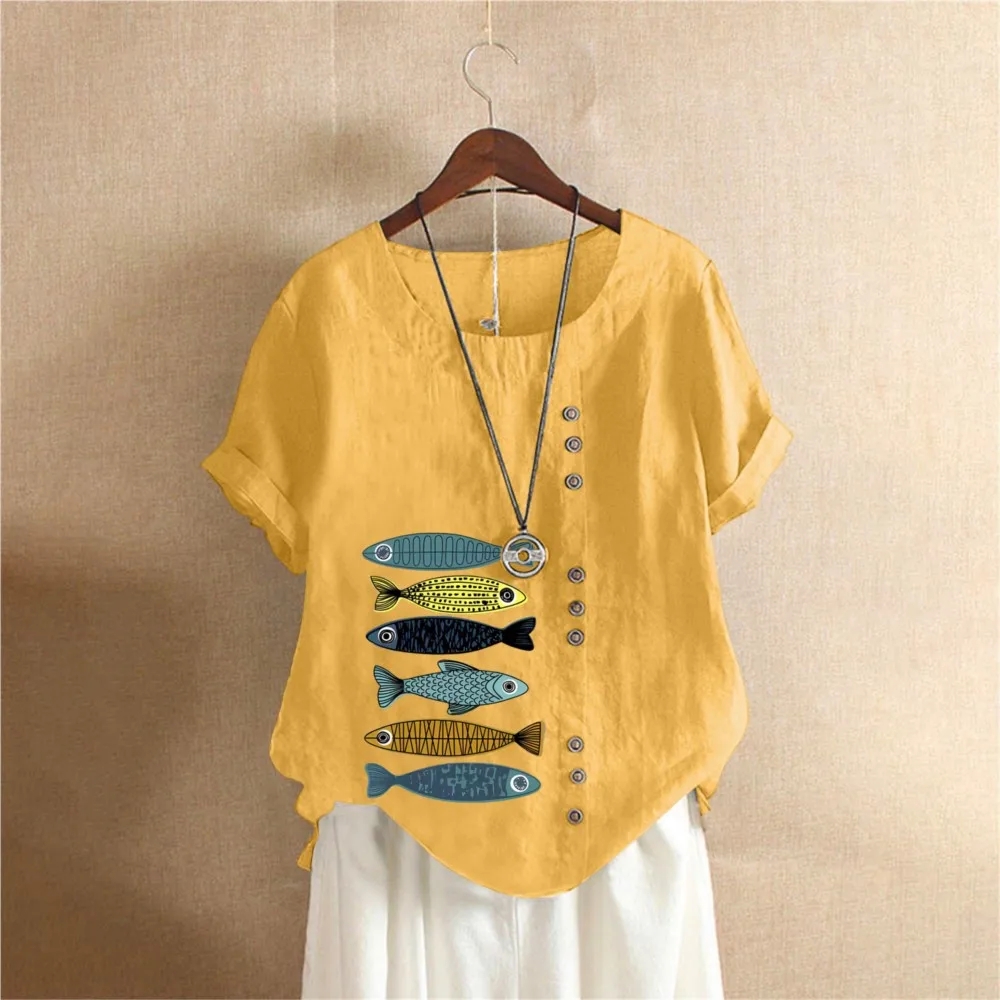 

Повседневная свободная хлопковая и льняная футболка в стиле ретро с короткими рукавами, пуловер для женщин, лето 2022, блузки с рыбьими пуговицами, топ Femme