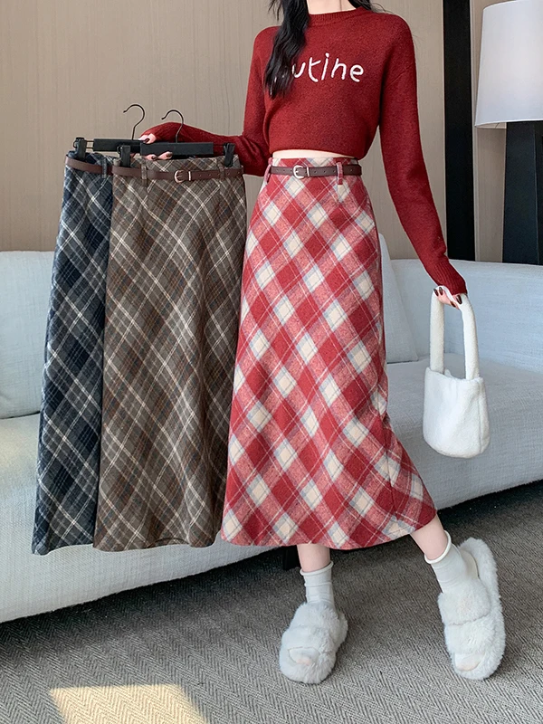 High Waist Plaid Midi Skirt Women's Winter Korean Style Wool Belted A-Line Skirt Casual Commute Fashion plus Size