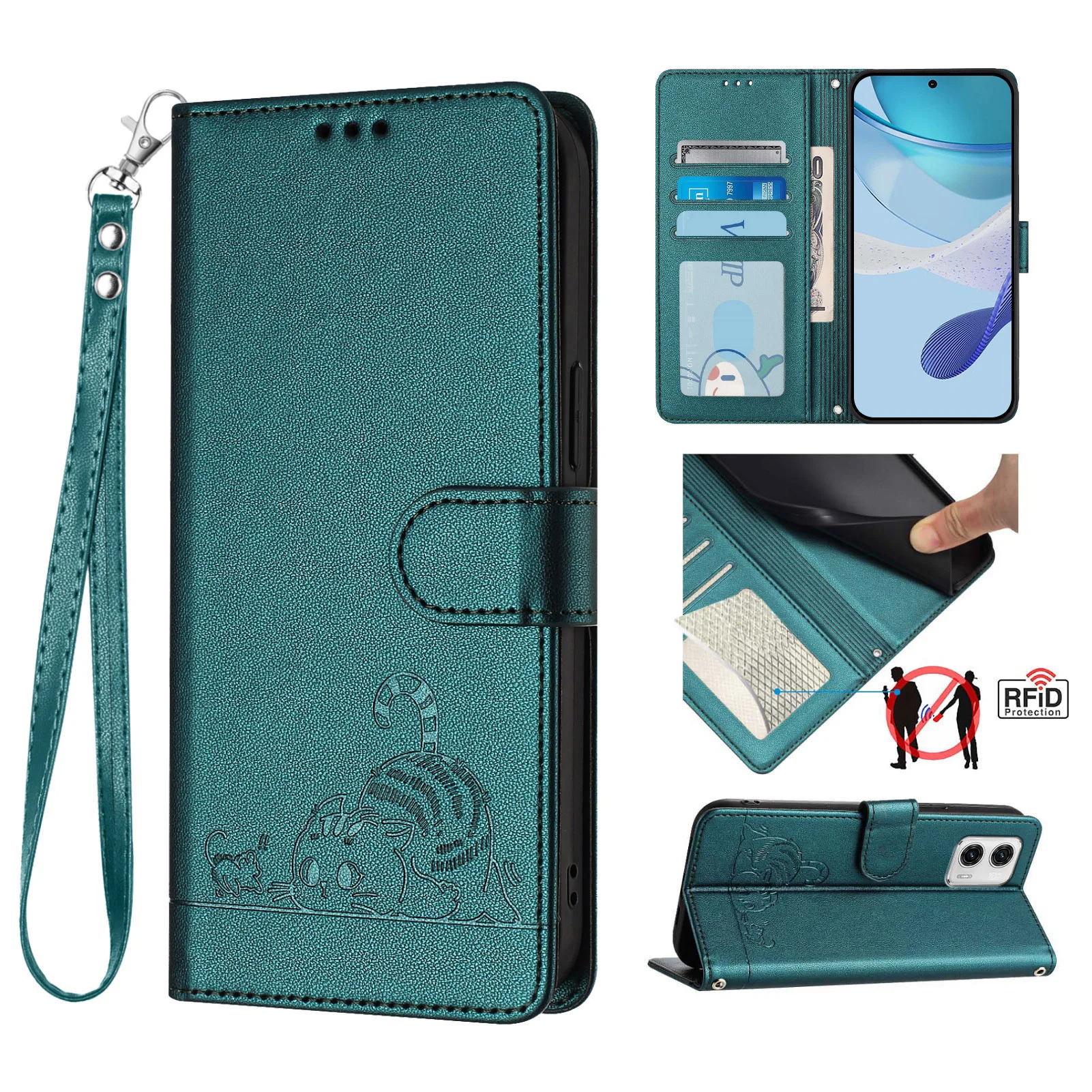 حافظة كروس على شكل قطة مضحكة لهاتف OPPO Reno 14 Pro 14F 13 12 11 10 9 8 7 6 5 4 حبل جلدي 3 بطاقات محفظة معصم غطاء قلاب للكتاب