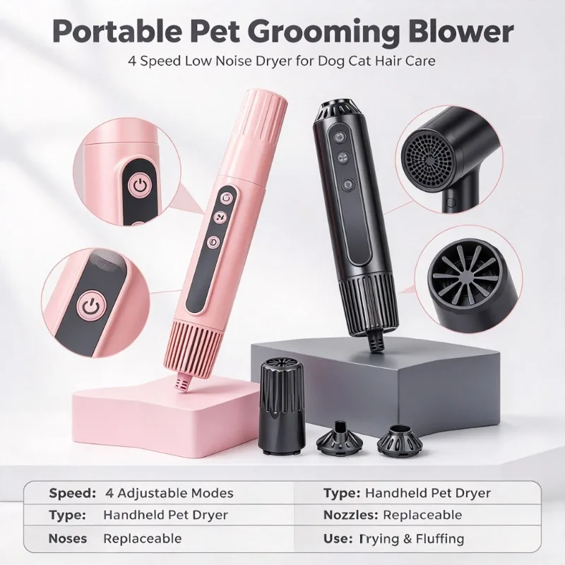 Low Noise Pet Grooming Blower, 4 Speed Adjustable High Wind Hang Neck Dog Cat Hair Dryer, Professional