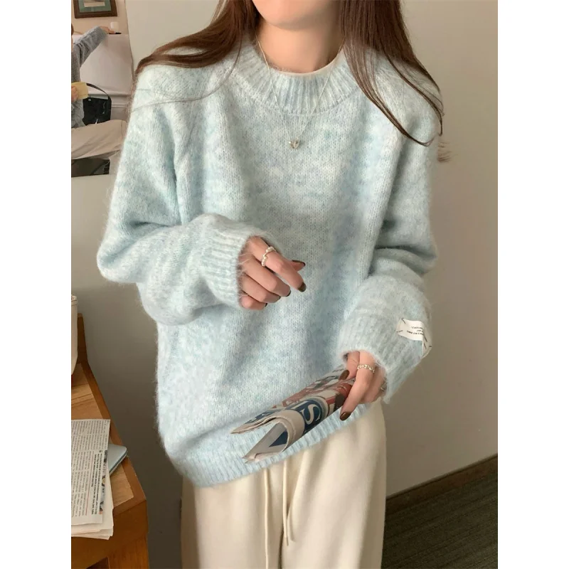 

Lazy Style Autumn Winter Sweater Women Loose Fit Age-Reducing Imitation Mohair Round Neck Knitted Top New Base Shirt