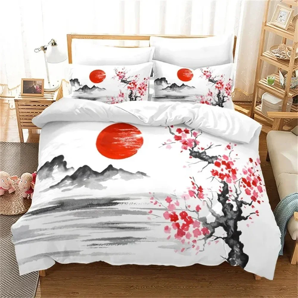 和風富士山掛け布団カバー赤い桜プリント寝具セット水墨画布団カバー大人ティーンガールズ用