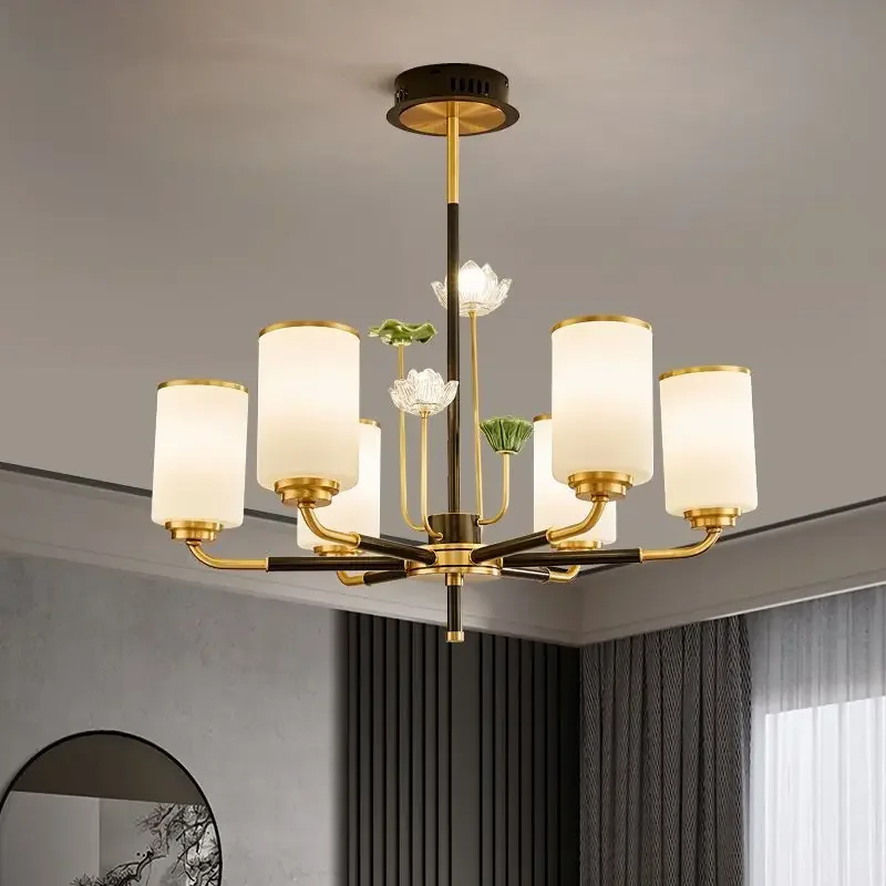 New Chinese Style All Copper Pendant Light Retro Lotus Flower Zen Lamp for Tea Room Study or Bedroom Decor