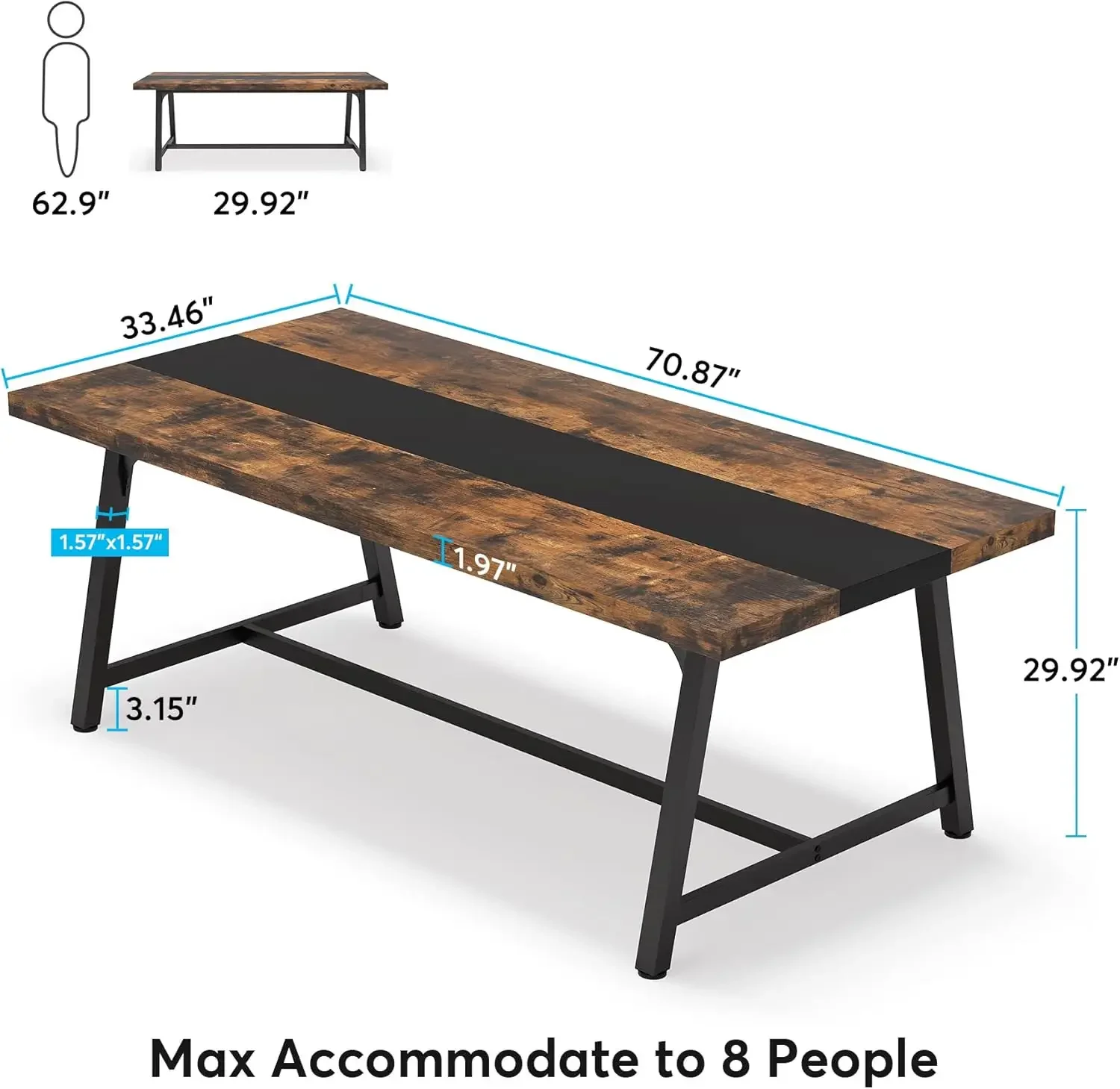 Dining Table for 8 People, 70.87-inch Rectangular Wood Kitchen Table with Strong Metal Frame, Industrial Large Long Dining Room