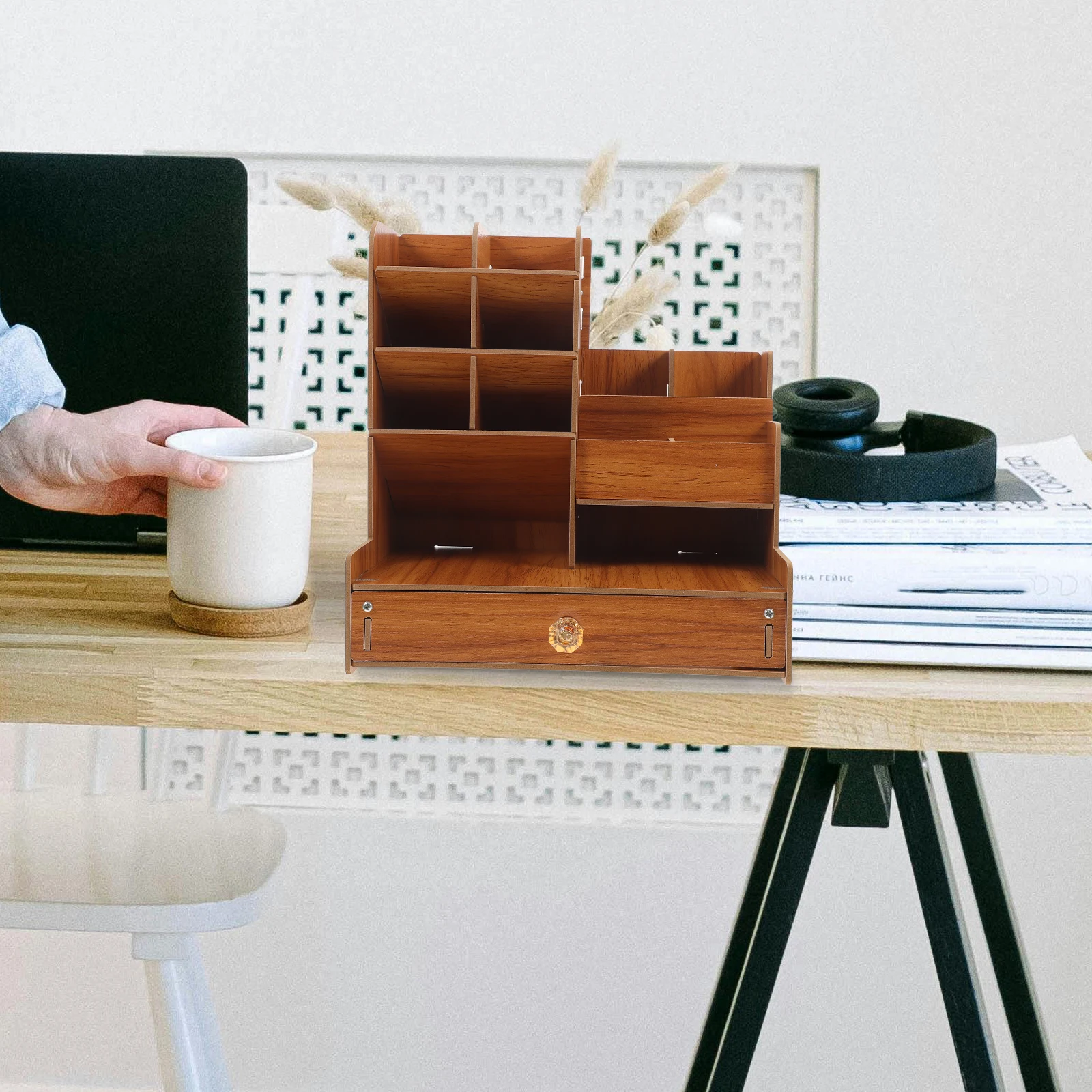 

Wooden Desk Organizer Cherry Wood Stationery Storage Box Multi-functional Pen Holder Drawer Office Supplies File Folder