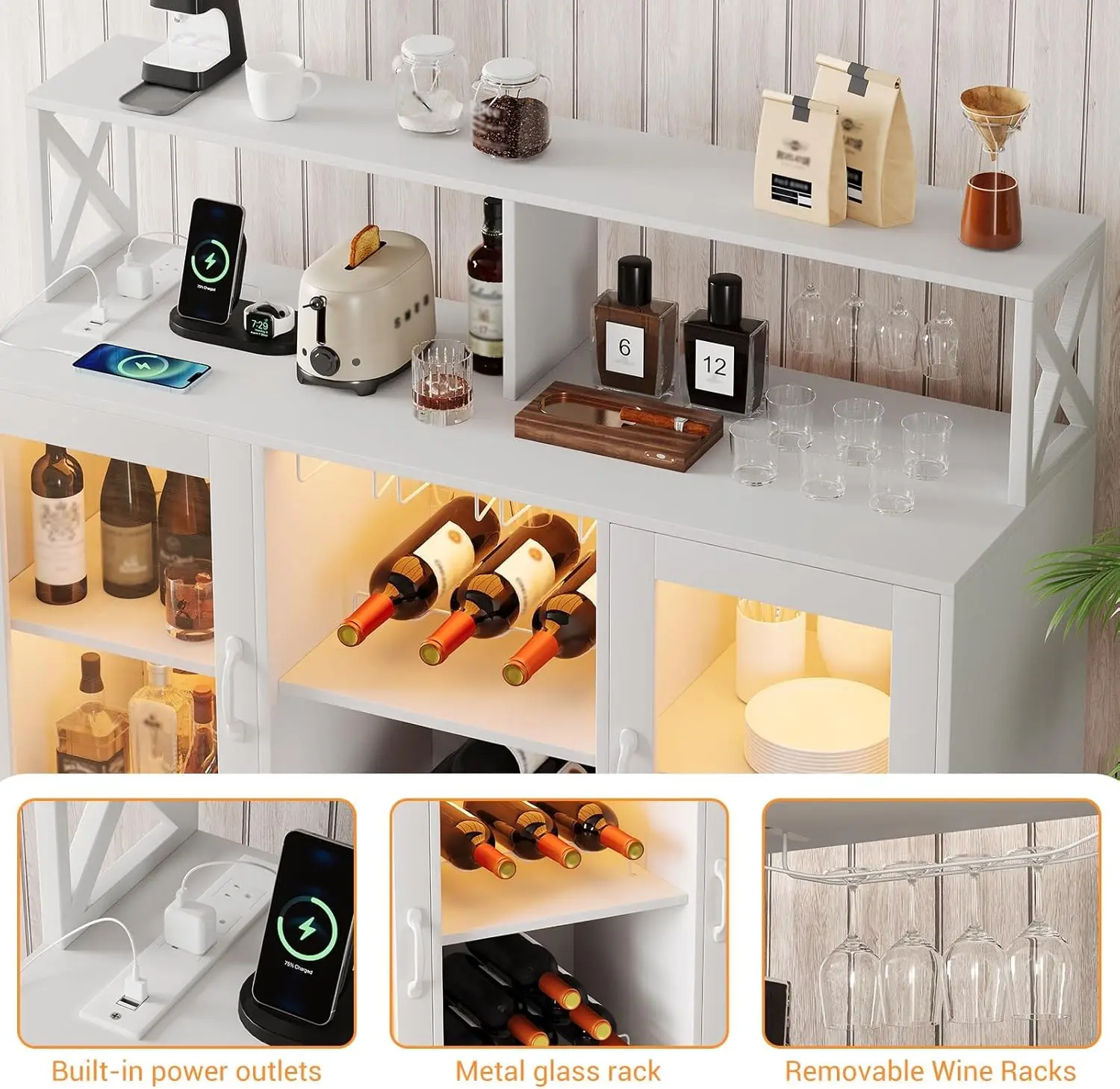 Wine Bar Cabinet with Wine Rack Glass Holder Coffee Bar Storage Cabinet with LED Lights for Home Kitchen Living Room Dining Room