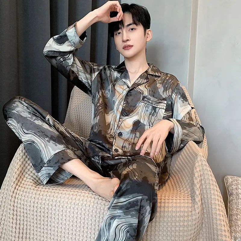 

Pajama Men Spring and Autumn Ice Silk Long Sleeve Thin Add Summer and Spring Loose Simulation Home Wear Silk Set Comfortable