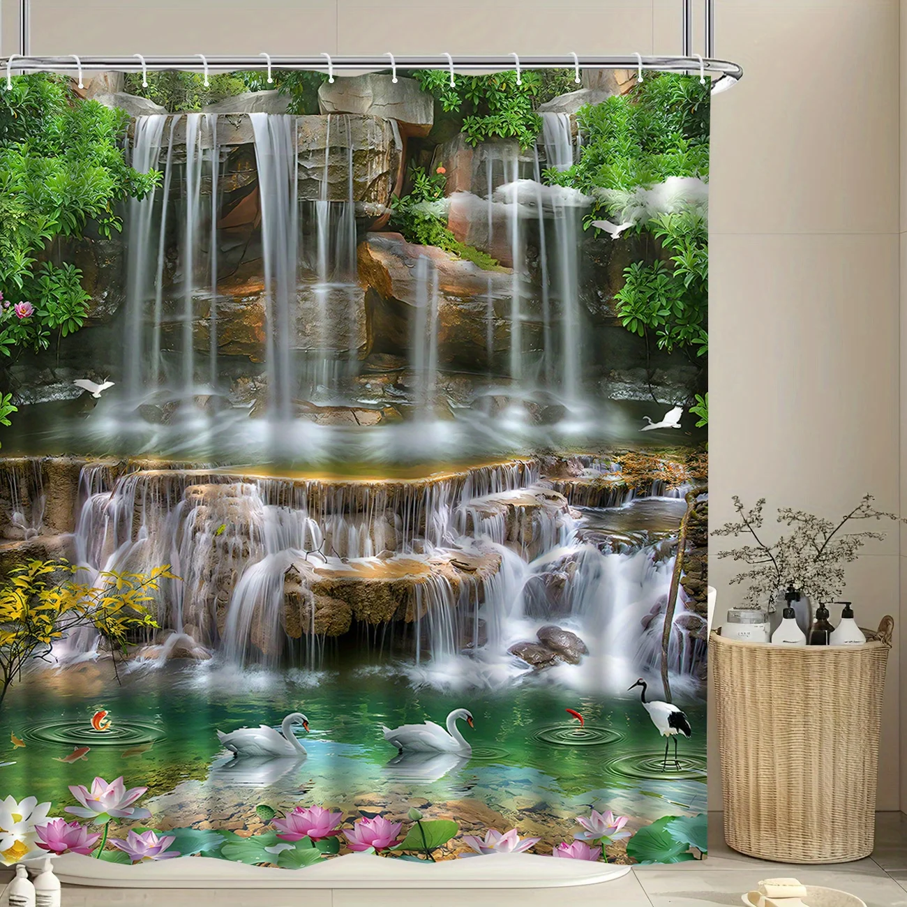 Waterfall Swan Lotus Shower Curtain Nature Landscape Art Bathroom Decor Zen Garden Bath Curtains for Modern Home Interior