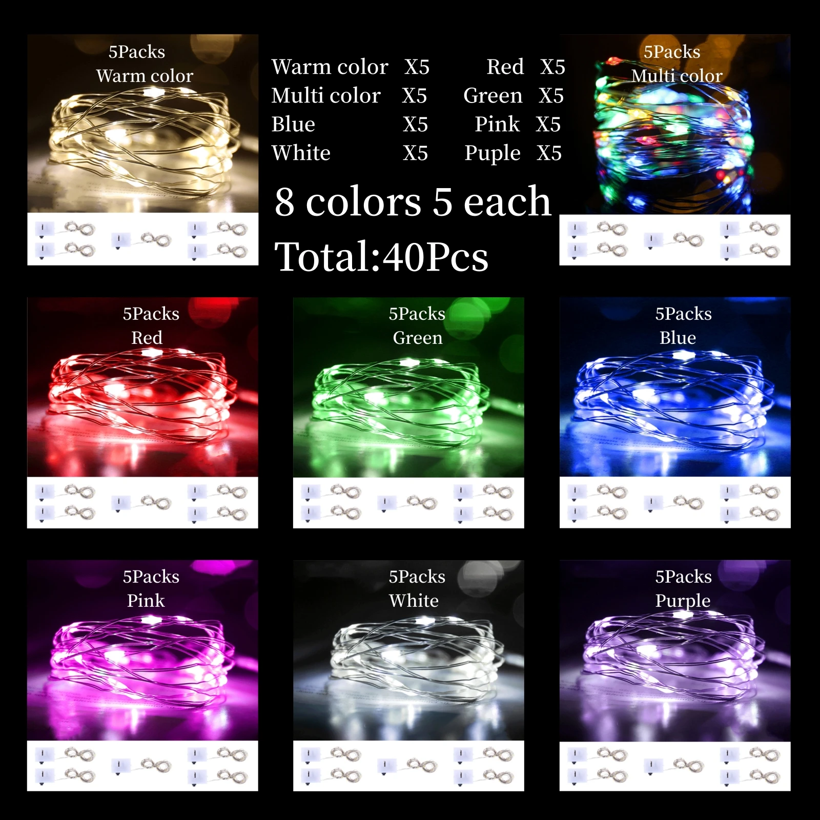 

40 шт., 8 цветов, светодиодные гирлянды, атмосферный цветной светильник на батарейках, гирлянды на Рождество, уличная комната, фестивальный декор