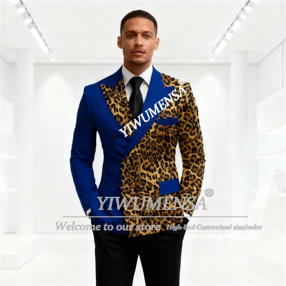 Setelan Jas Pria Desain Unik Motif Leopard untuk Pernikahan 2 Potong Set Jaket Double Breasted Celana Jas Prom Kustom