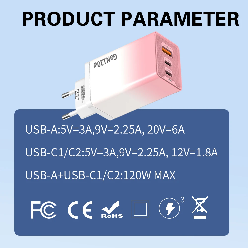 120 واط USB PD GaN شاحن سريع نوع C شحن سريع 3 منافذ الجدار محول الاتحاد الأوروبي/الولايات المتحدة التوصيل آيفون هواوي شاومي سامسونج محول الهاتف #5