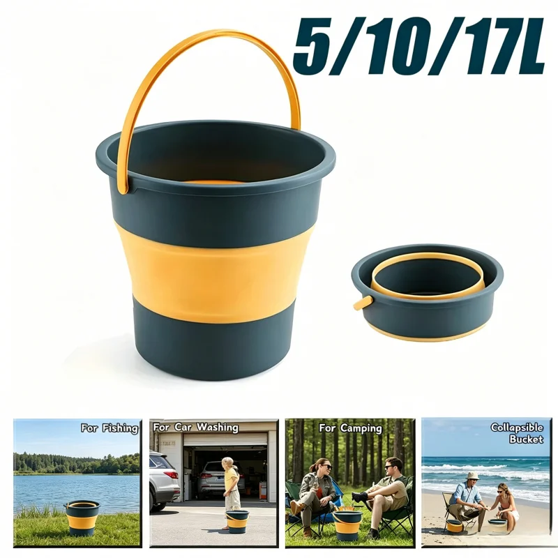 

Thickened Silicone Foldable Bucket, 5/10/17L Portable Multifunctional Water Pail for Car Washing Camping Fishing Outdoor Gear